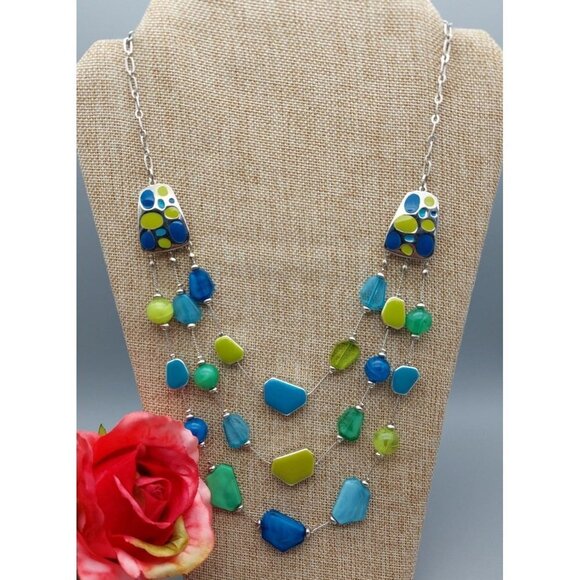 Cute & Colorful Multi Strand Silver Tone Statement Necklace Blue & Green Beads - Picture 2 of 9